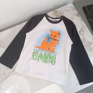 Ganni White and Black Long Sleeve Tee with Orange Cat Graphic